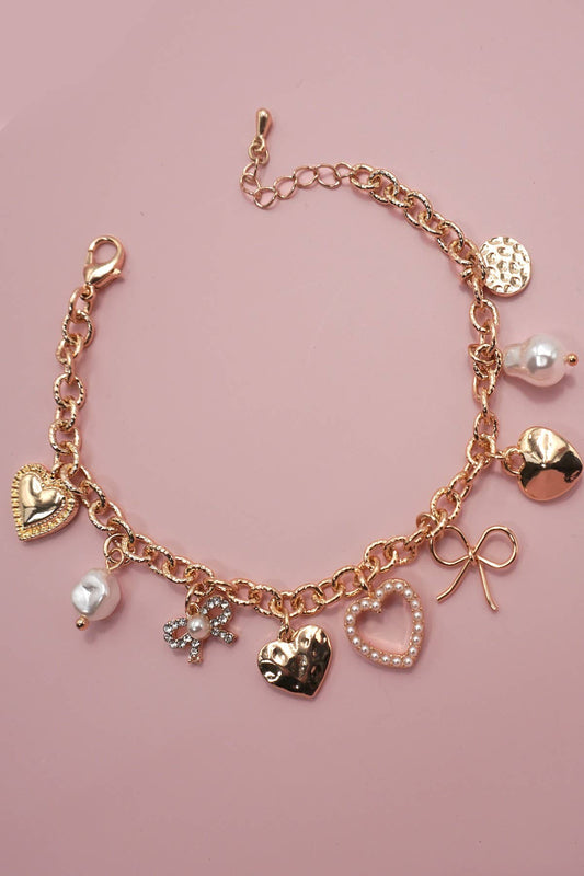 JOSSLYN by Wall to Wall - CHARM BRACELET-BOW HEART PEARL DISC CHARMS | 80B1290