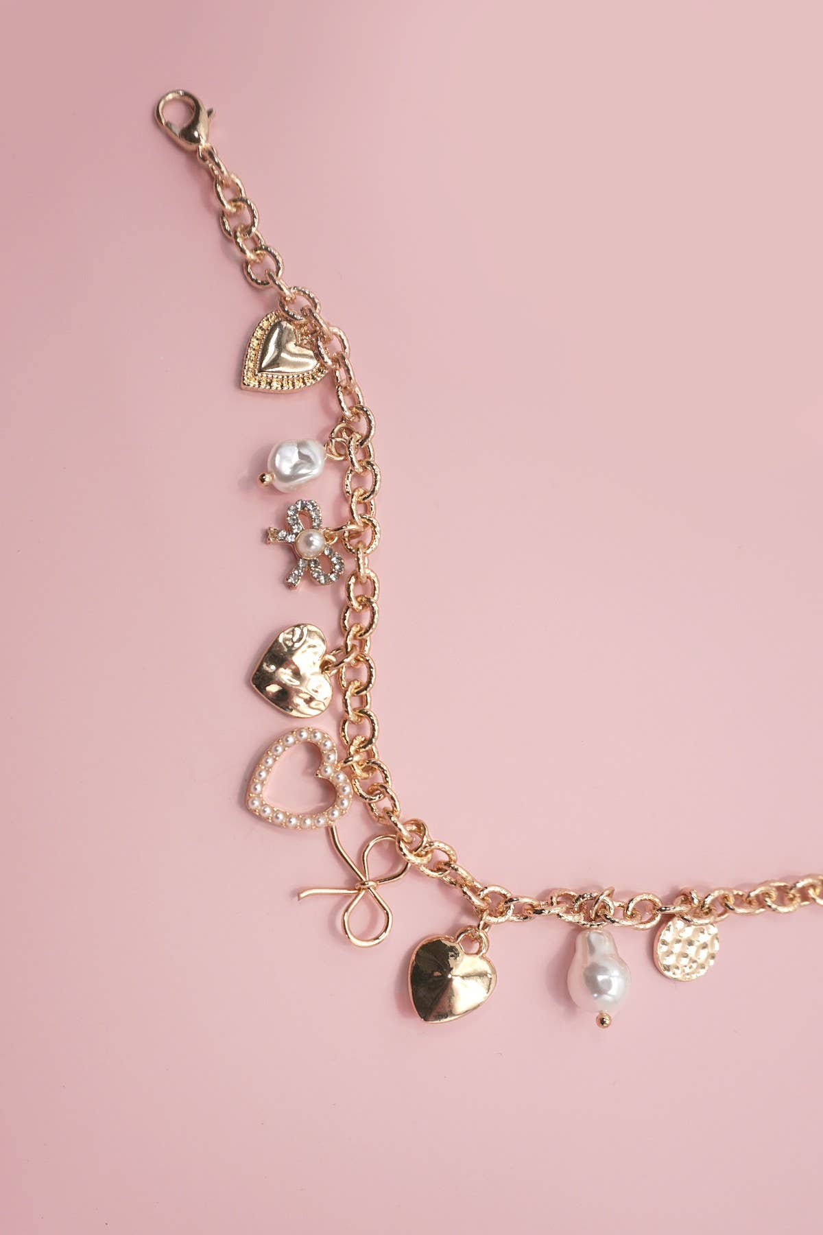 JOSSLYN by Wall to Wall - CHARM BRACELET-BOW HEART PEARL DISC CHARMS | 80B1290